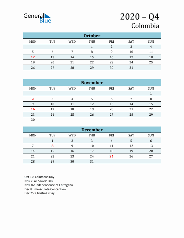 Three-Month Planner for Q4 2020 with Holidays - Colombia