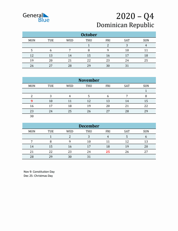 Three-Month Planner for Q4 2020 with Holidays - Dominican Republic