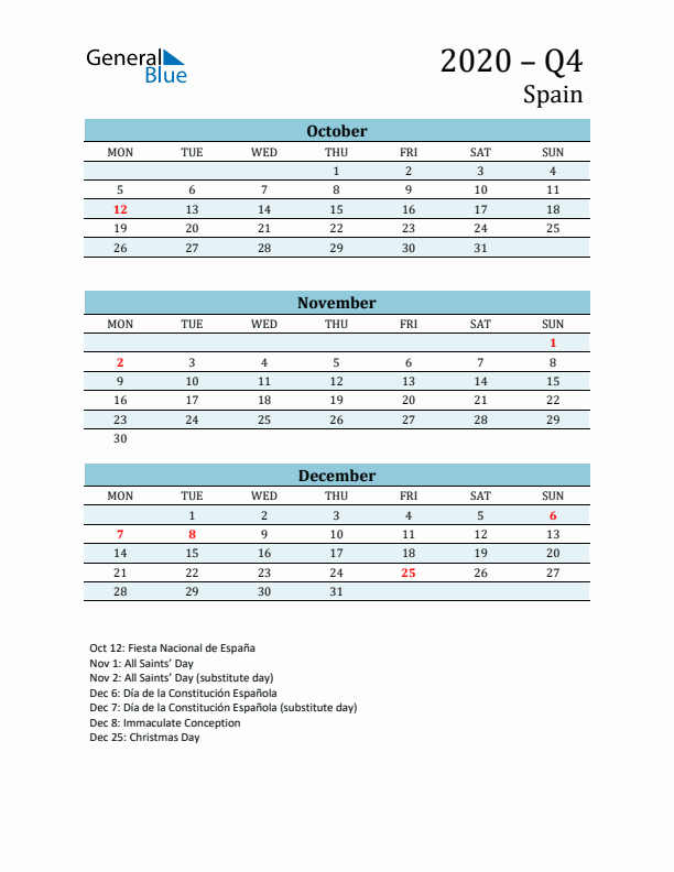 Three-Month Planner for Q4 2020 with Holidays - Spain