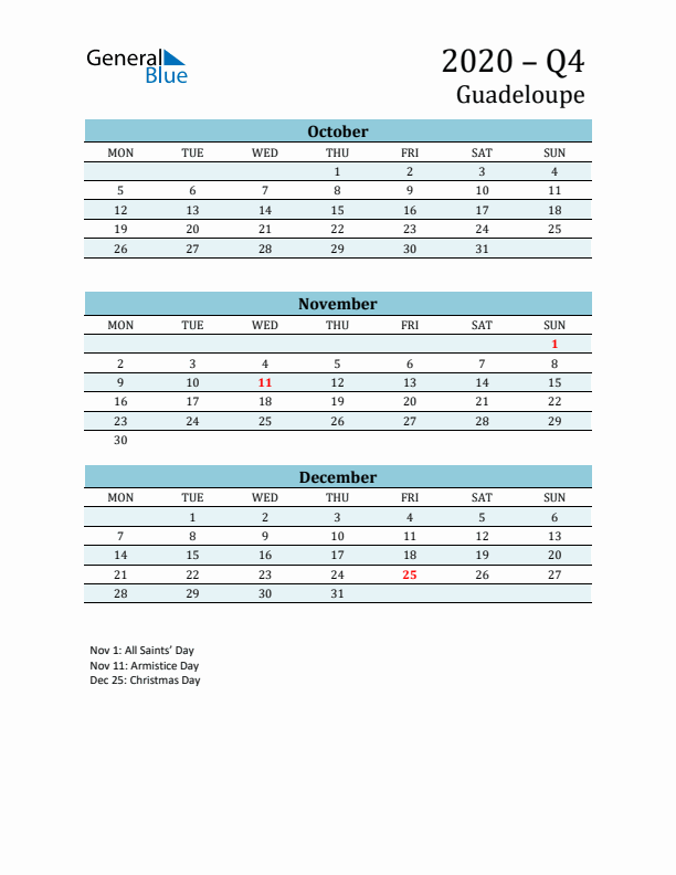 Three-Month Planner for Q4 2020 with Holidays - Guadeloupe
