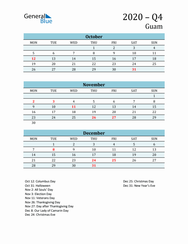 Three-Month Planner for Q4 2020 with Holidays - Guam