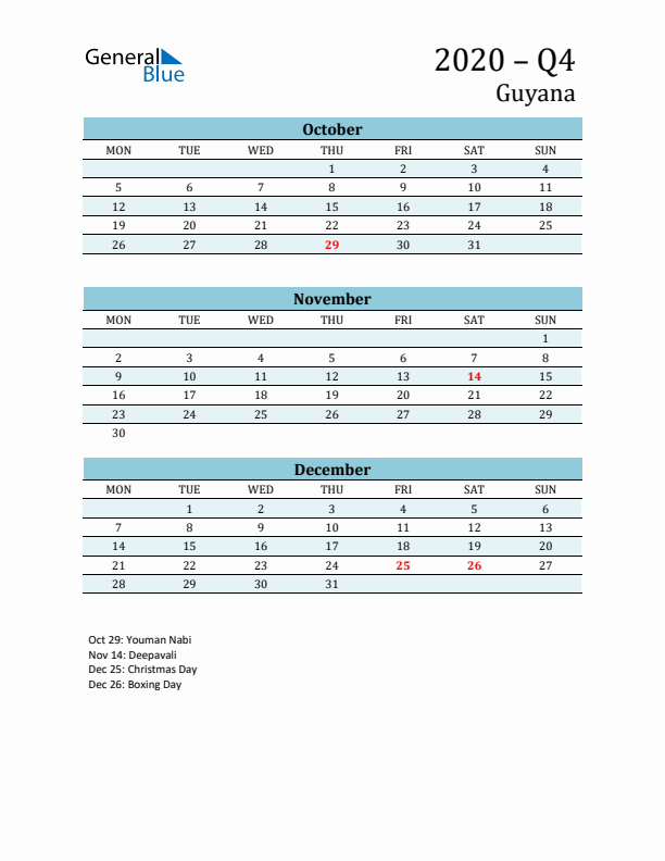 Three-Month Planner for Q4 2020 with Holidays - Guyana