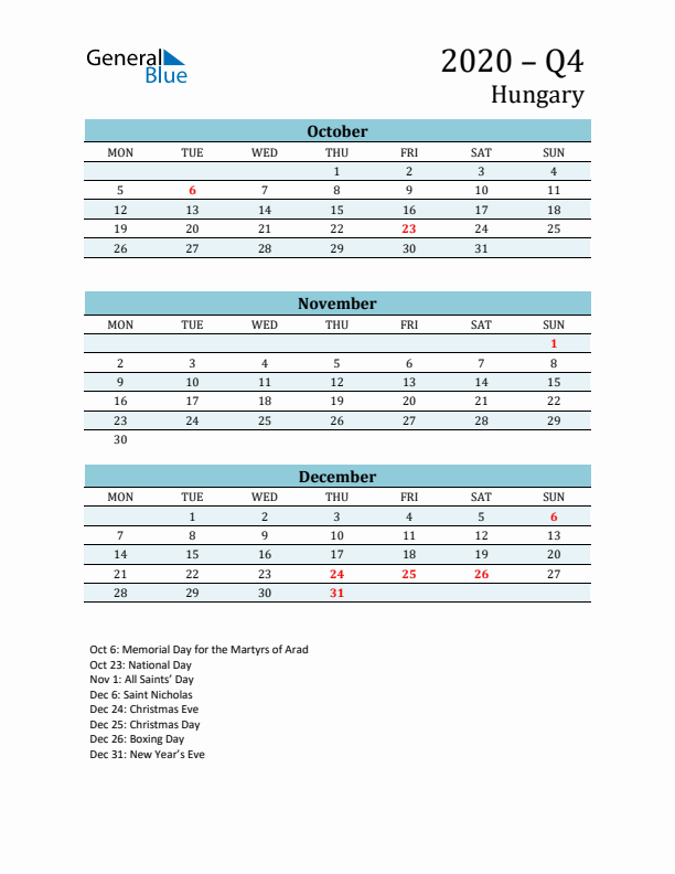 Three-Month Planner for Q4 2020 with Holidays - Hungary