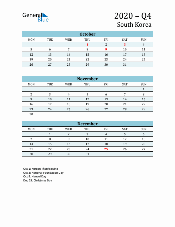 Three-Month Planner for Q4 2020 with Holidays - South Korea
