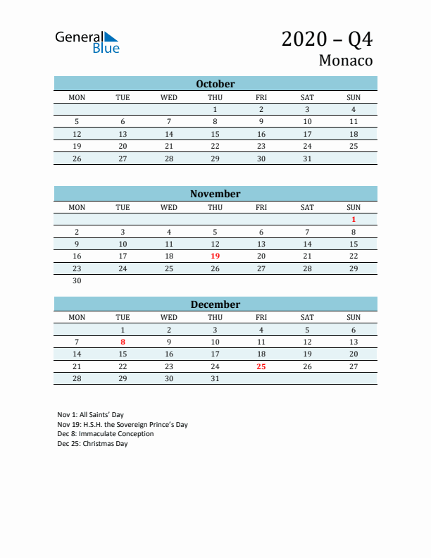 Three-Month Planner for Q4 2020 with Holidays - Monaco