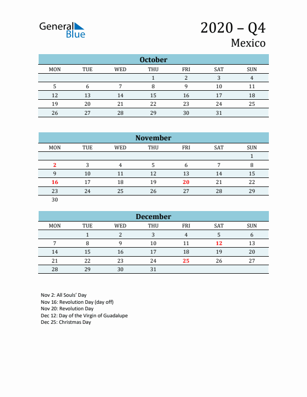 Three-Month Planner for Q4 2020 with Holidays - Mexico