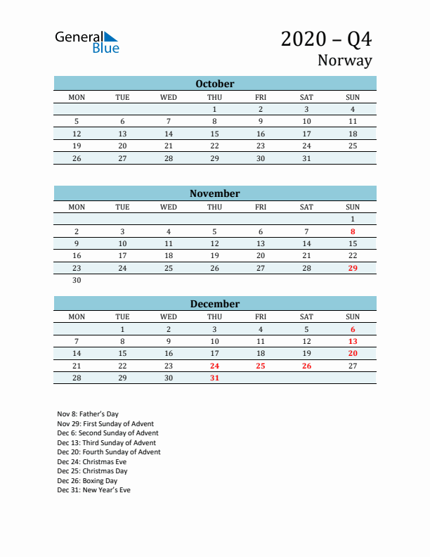 Three-Month Planner for Q4 2020 with Holidays - Norway