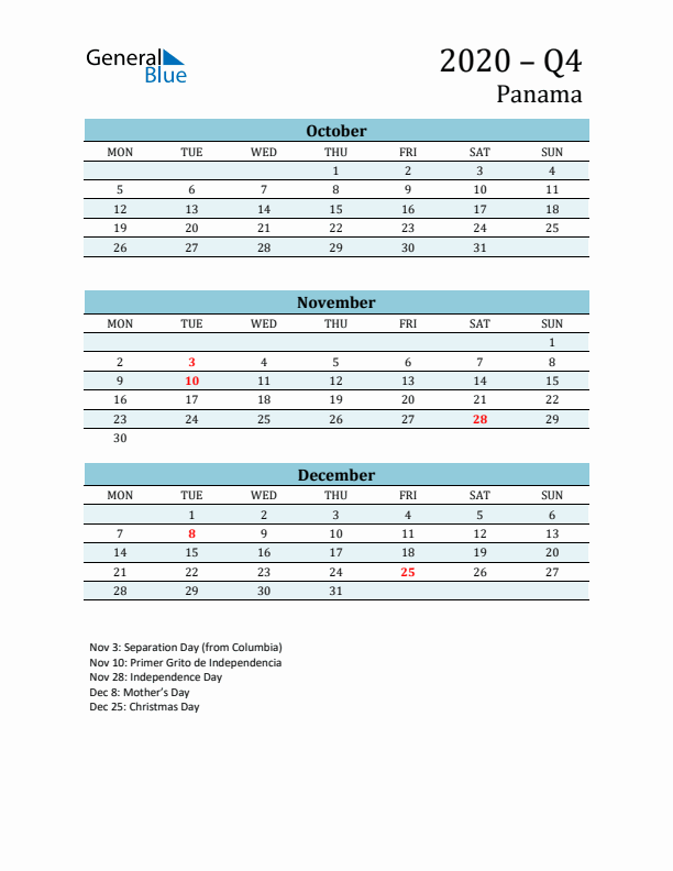 Three-Month Planner for Q4 2020 with Holidays - Panama