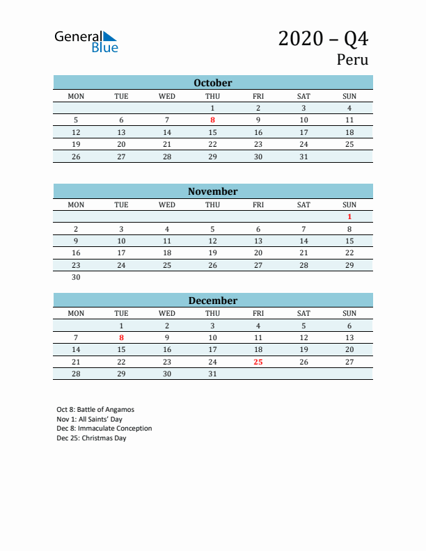 Three-Month Planner for Q4 2020 with Holidays - Peru