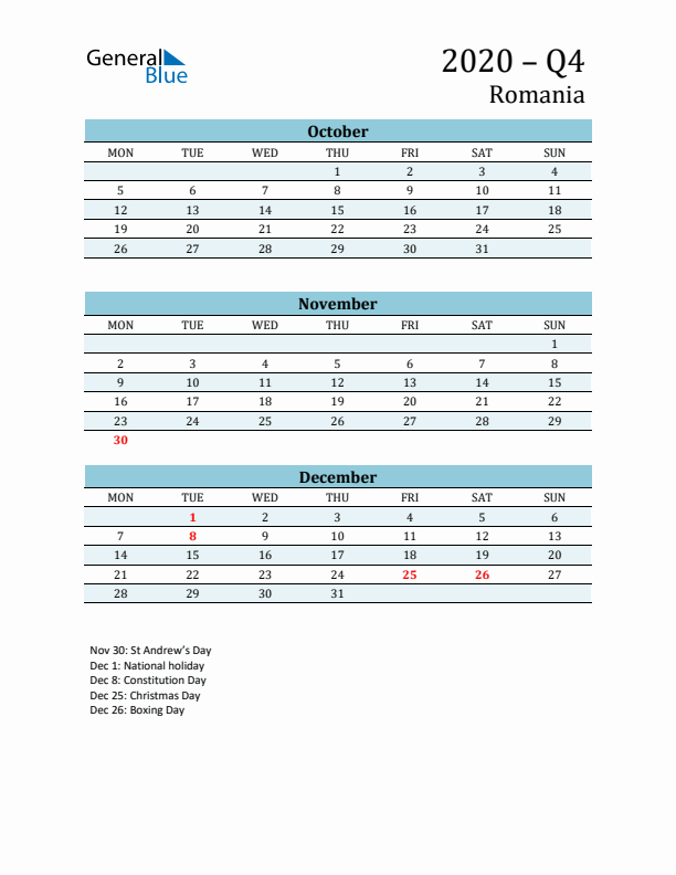 Three-Month Planner for Q4 2020 with Holidays - Romania