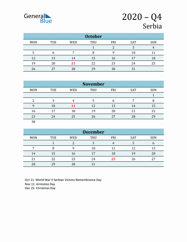 Three-Month Planner for Q4 2020 with Holidays - Serbia