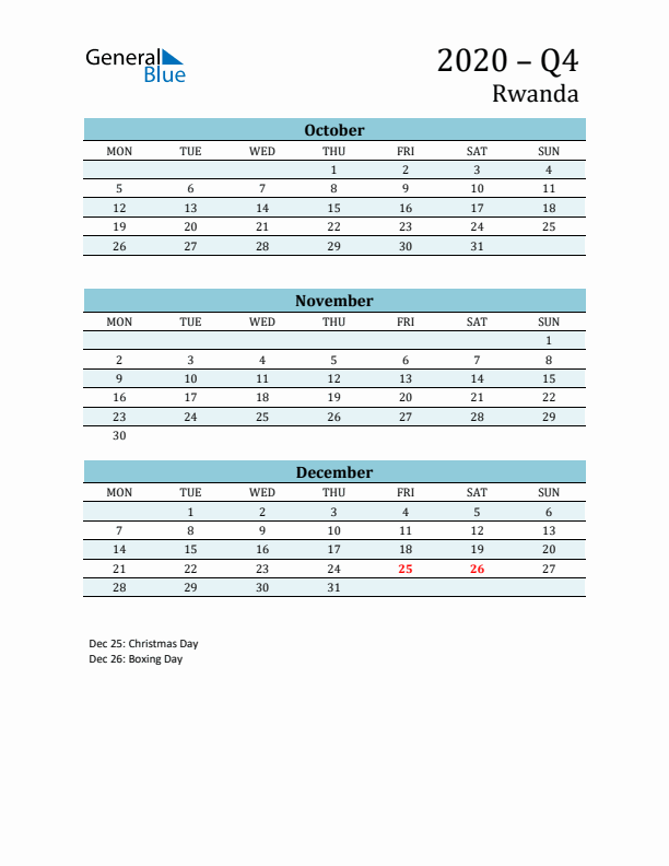 Three-Month Planner for Q4 2020 with Holidays - Rwanda