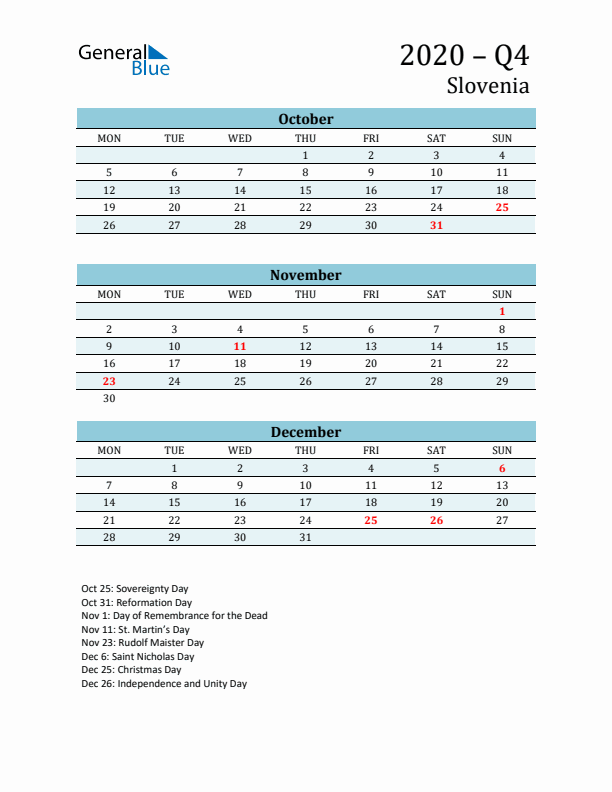 Three-Month Planner for Q4 2020 with Holidays - Slovenia