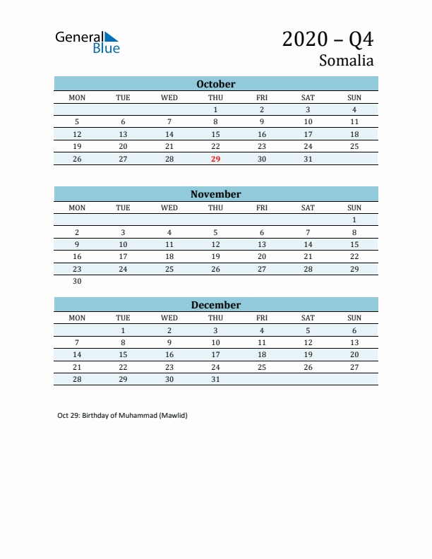 Three-Month Planner for Q4 2020 with Holidays - Somalia
