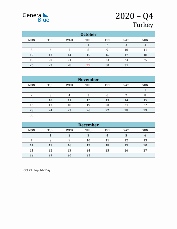 Three-Month Planner for Q4 2020 with Holidays - Turkey