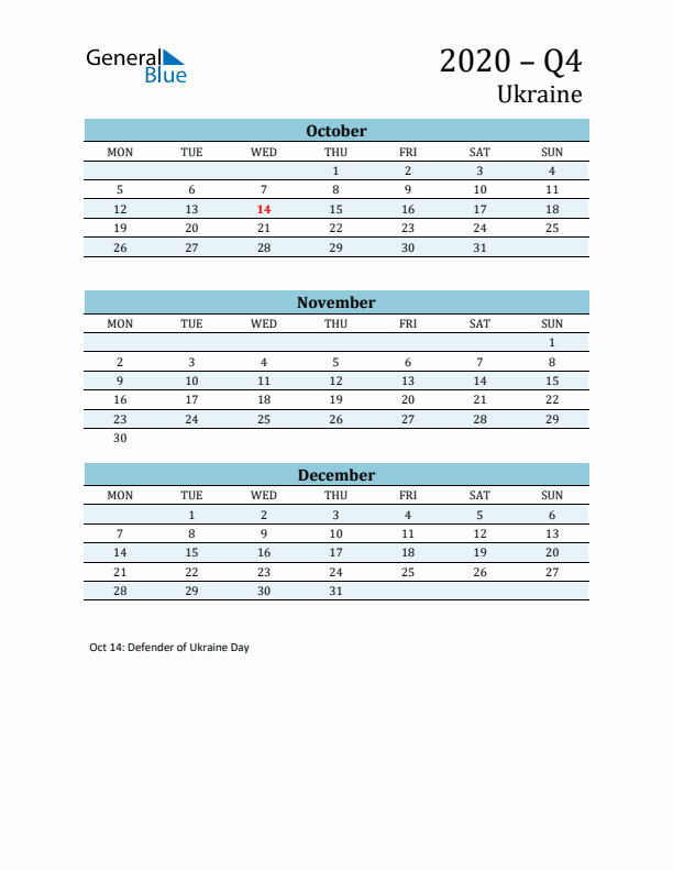 Three-Month Planner for Q4 2020 with Holidays - Ukraine