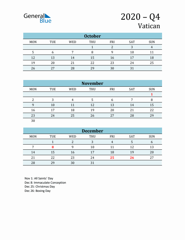 Three-Month Planner for Q4 2020 with Holidays - Vatican