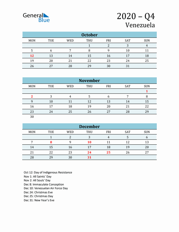 Three-Month Planner for Q4 2020 with Holidays - Venezuela