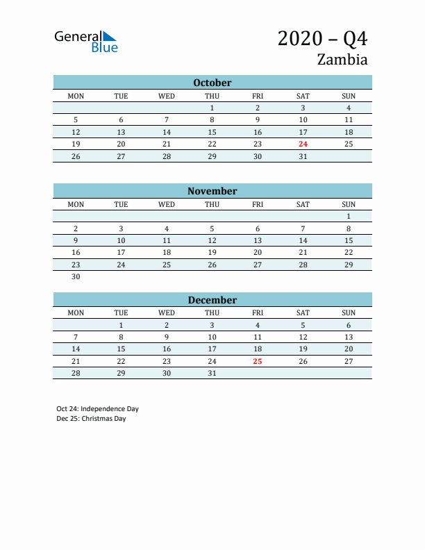 Three-Month Planner for Q4 2020 with Holidays - Zambia