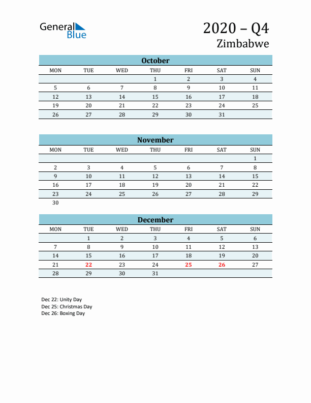 Three-Month Planner for Q4 2020 with Holidays - Zimbabwe