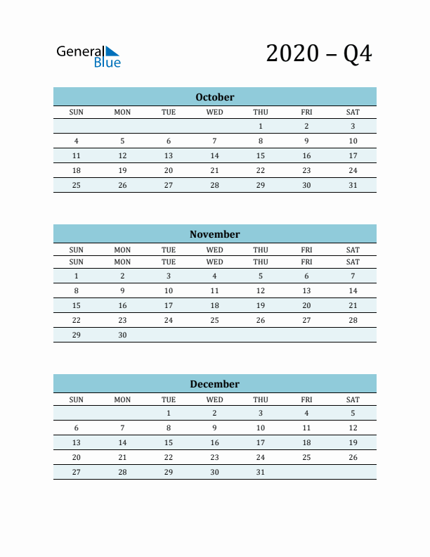 October, November, and December 2020 Calendar
