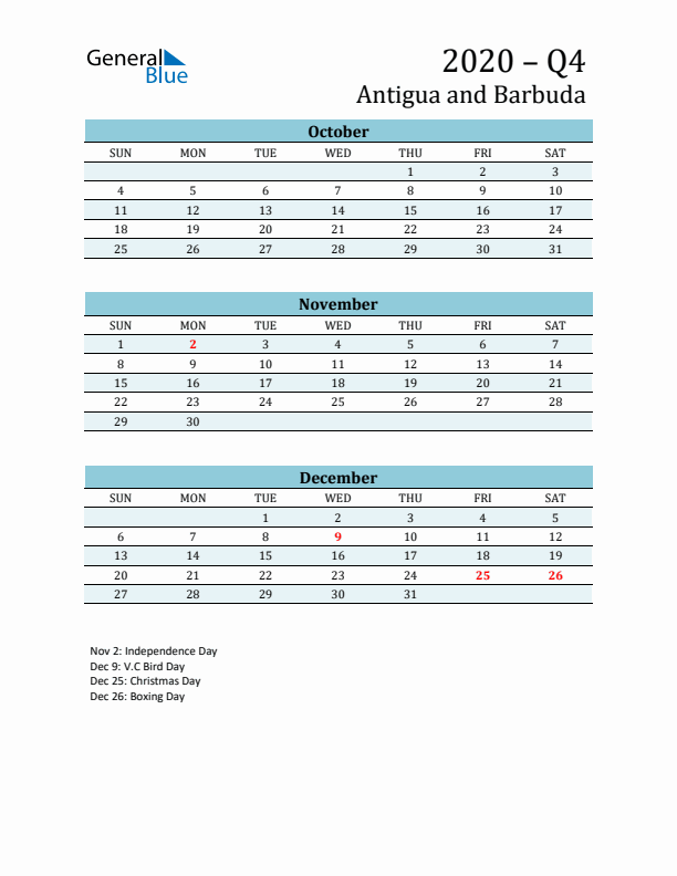 Three-Month Planner for Q4 2020 with Holidays - Antigua and Barbuda