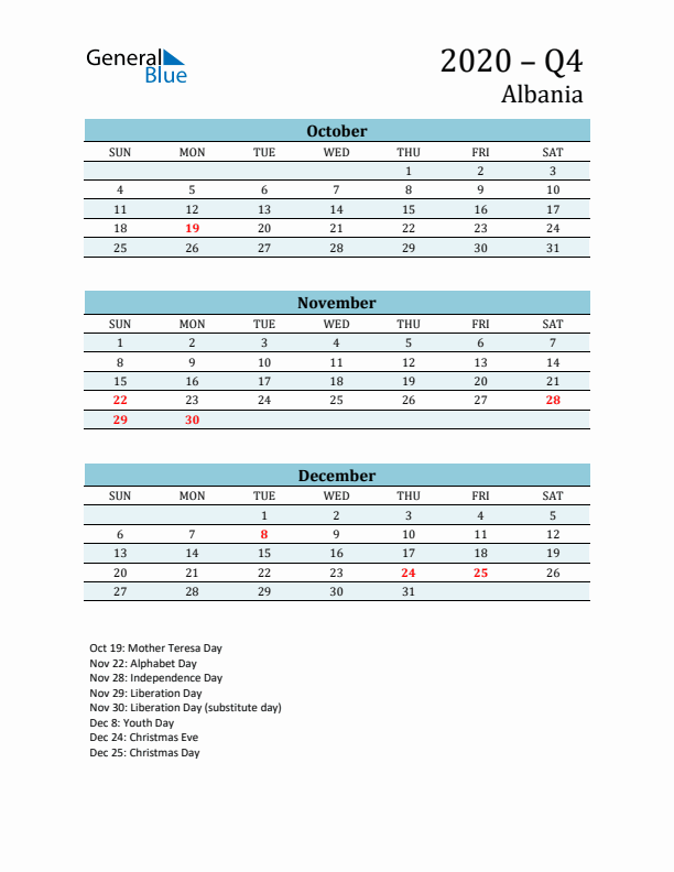 Three-Month Planner for Q4 2020 with Holidays - Albania