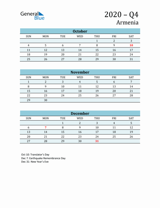 Three-Month Planner for Q4 2020 with Holidays - Armenia