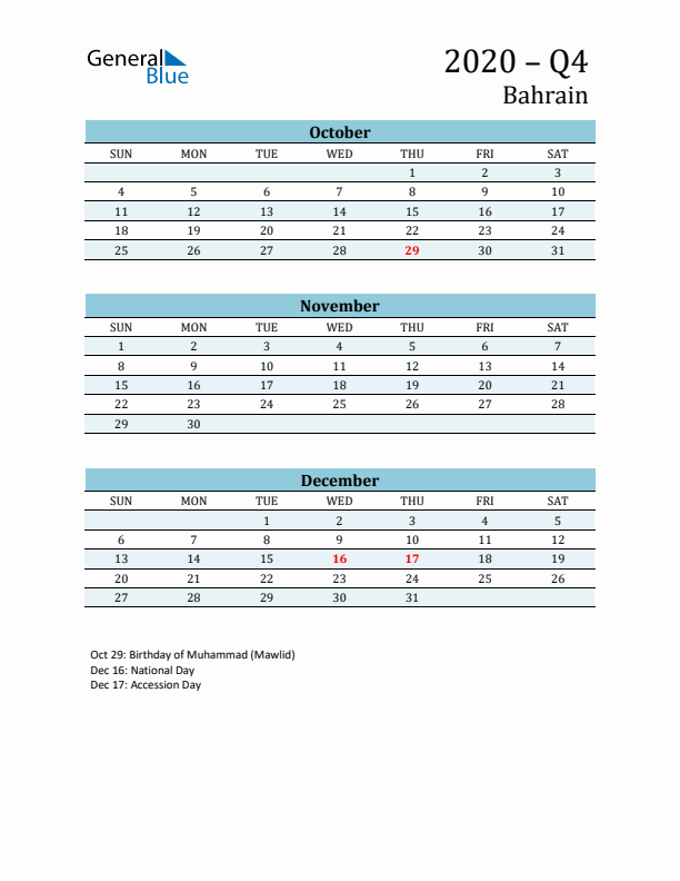 Three-Month Planner for Q4 2020 with Holidays - Bahrain
