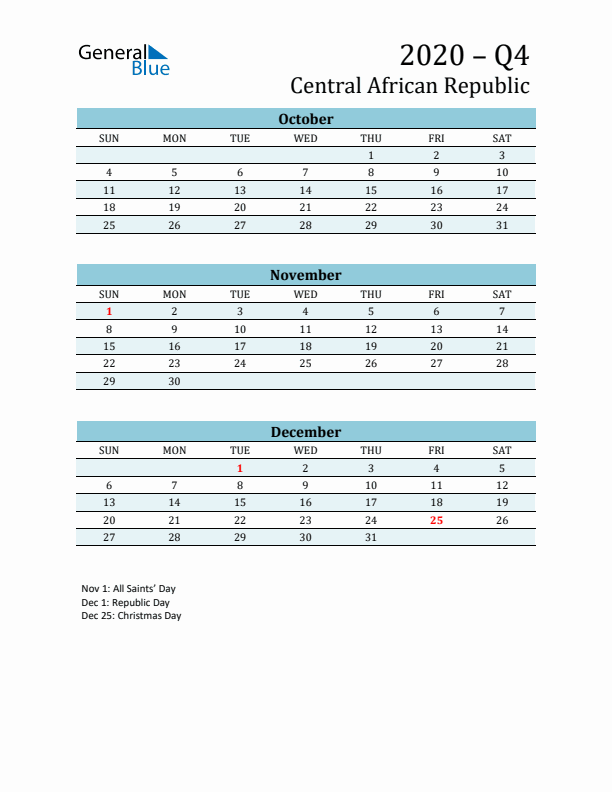 Three-Month Planner for Q4 2020 with Holidays - Central African Republic