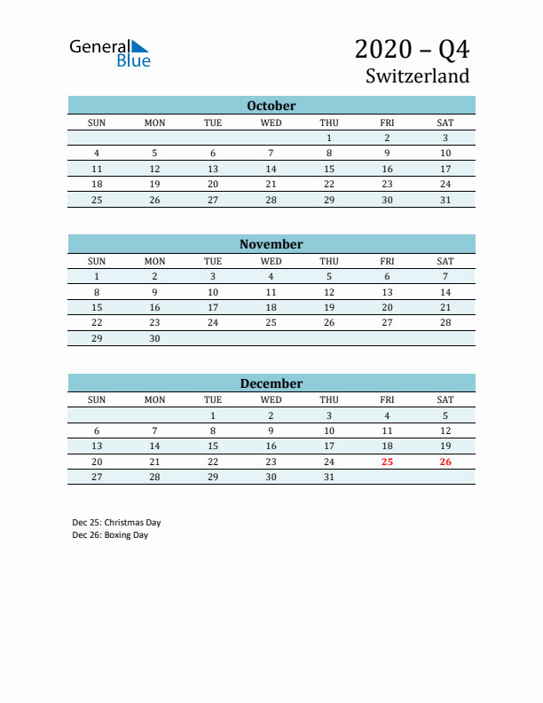 Three-Month Planner for Q4 2020 with Holidays - Switzerland