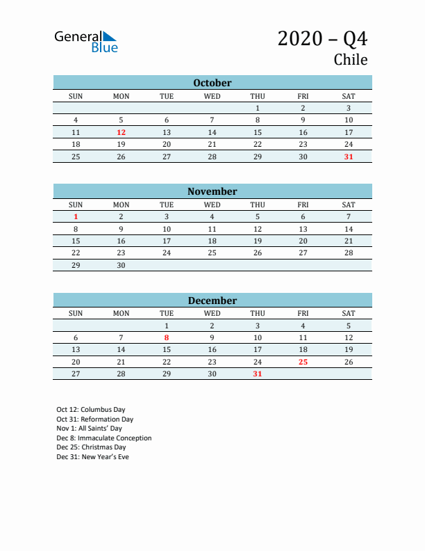 Three-Month Planner for Q4 2020 with Holidays - Chile