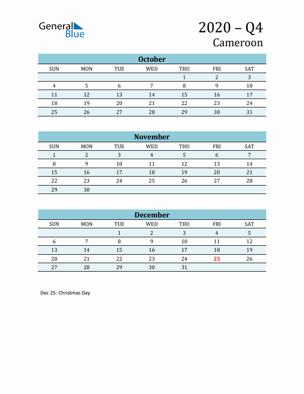 Three-Month Planner for Q4 2020 with Holidays - Cameroon