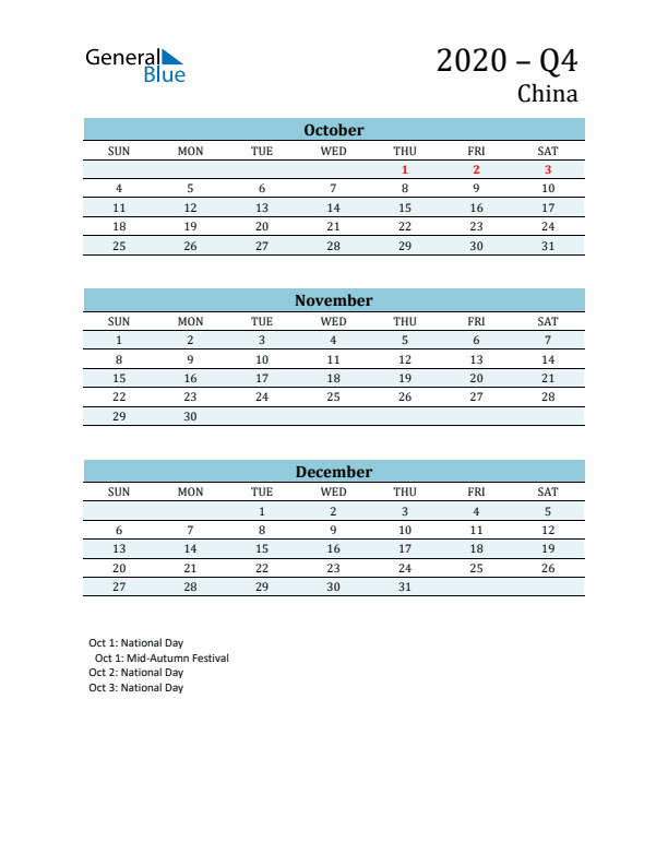 Three-Month Planner for Q4 2020 with Holidays - China