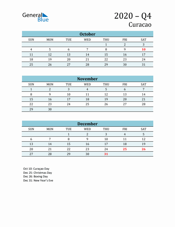 Three-Month Planner for Q4 2020 with Holidays - Curacao