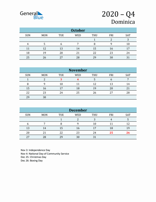 Three-Month Planner for Q4 2020 with Holidays - Dominica