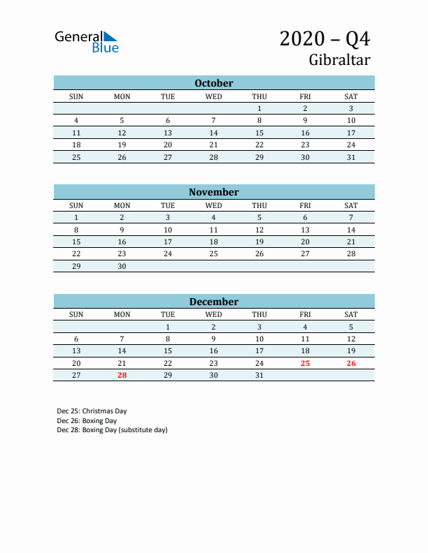 Three-Month Planner for Q4 2020 with Holidays - Gibraltar
