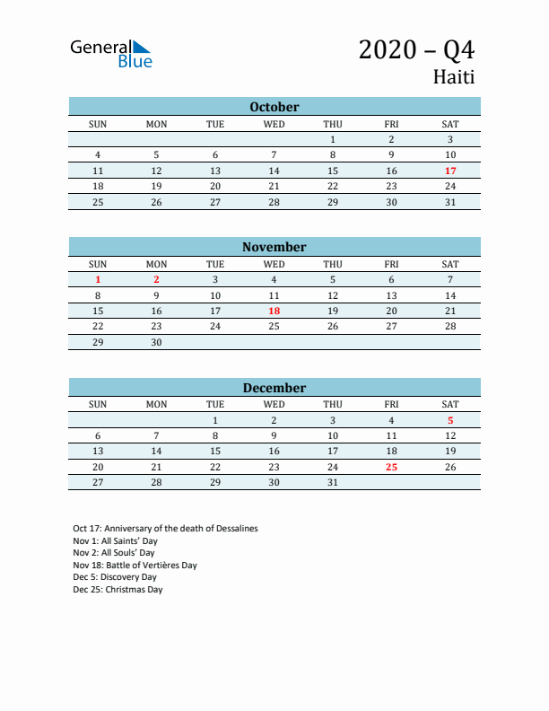 Three-Month Planner for Q4 2020 with Holidays - Haiti