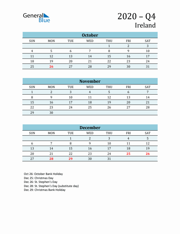 Three-Month Planner for Q4 2020 with Holidays - Ireland