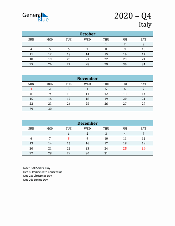 Three-Month Planner for Q4 2020 with Holidays - Italy