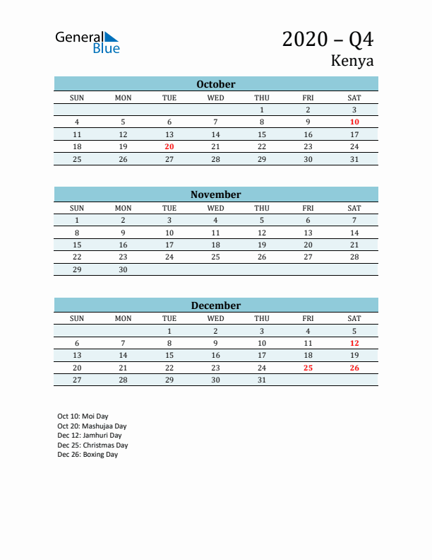 Three-Month Planner for Q4 2020 with Holidays - Kenya