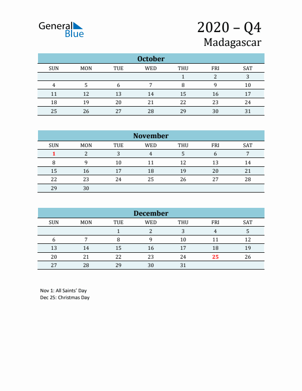 Three-Month Planner for Q4 2020 with Holidays - Madagascar