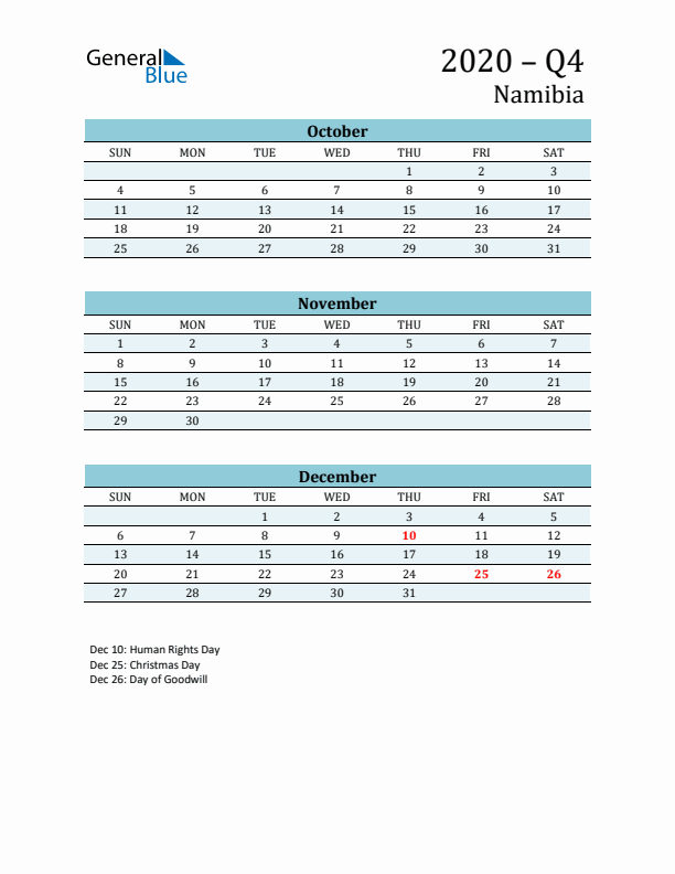 Three-Month Planner for Q4 2020 with Holidays - Namibia