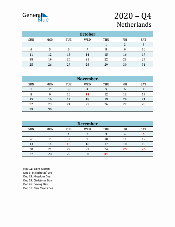 Three-Month Planner for Q4 2020 with Holidays - The Netherlands
