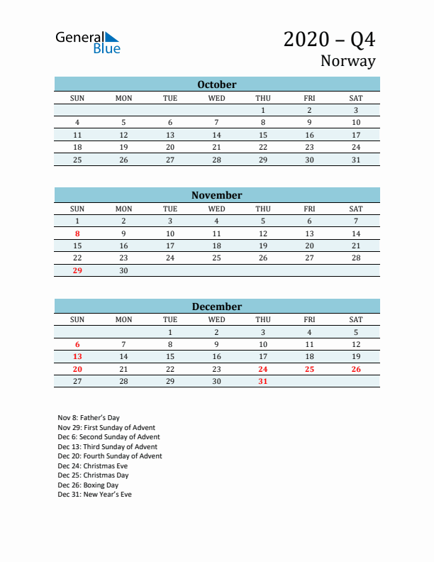 Three-Month Planner for Q4 2020 with Holidays - Norway