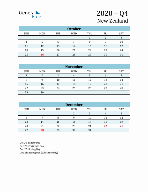 Three-Month Planner for Q4 2020 with Holidays - New Zealand