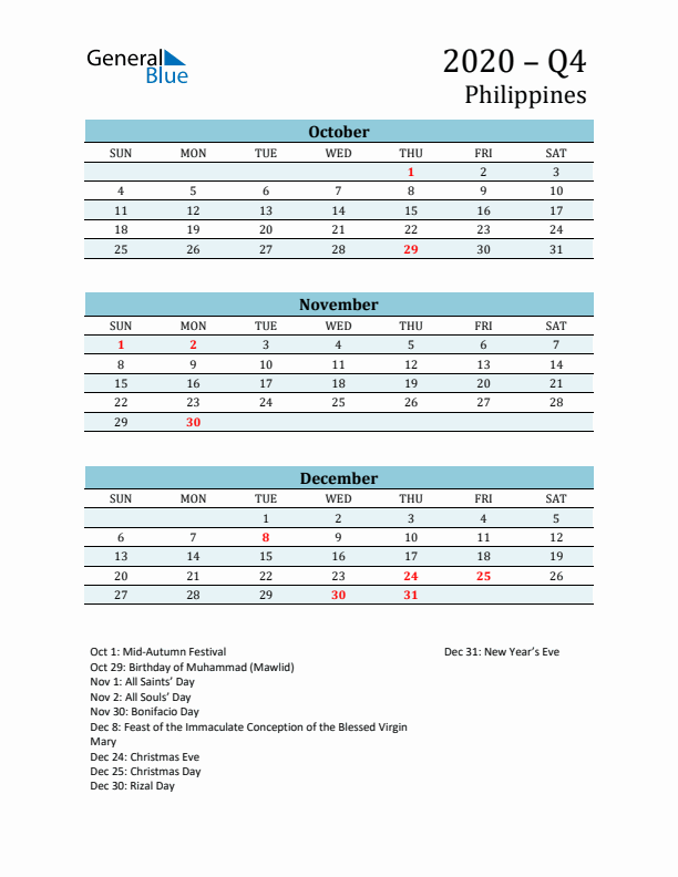 Three-Month Planner for Q4 2020 with Holidays - Philippines