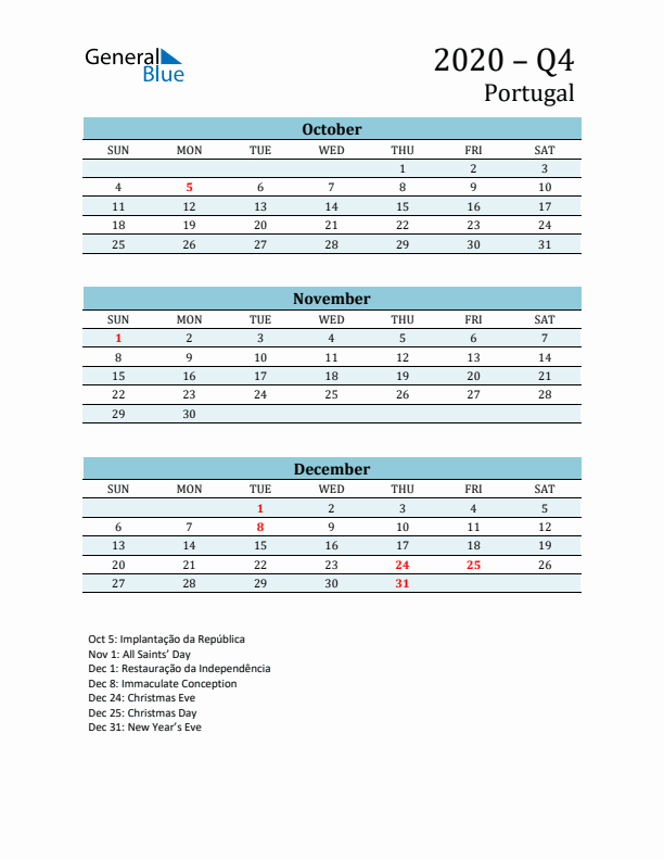 Three-Month Planner for Q4 2020 with Holidays - Portugal