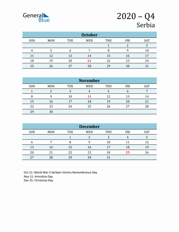 Three-Month Planner for Q4 2020 with Holidays - Serbia