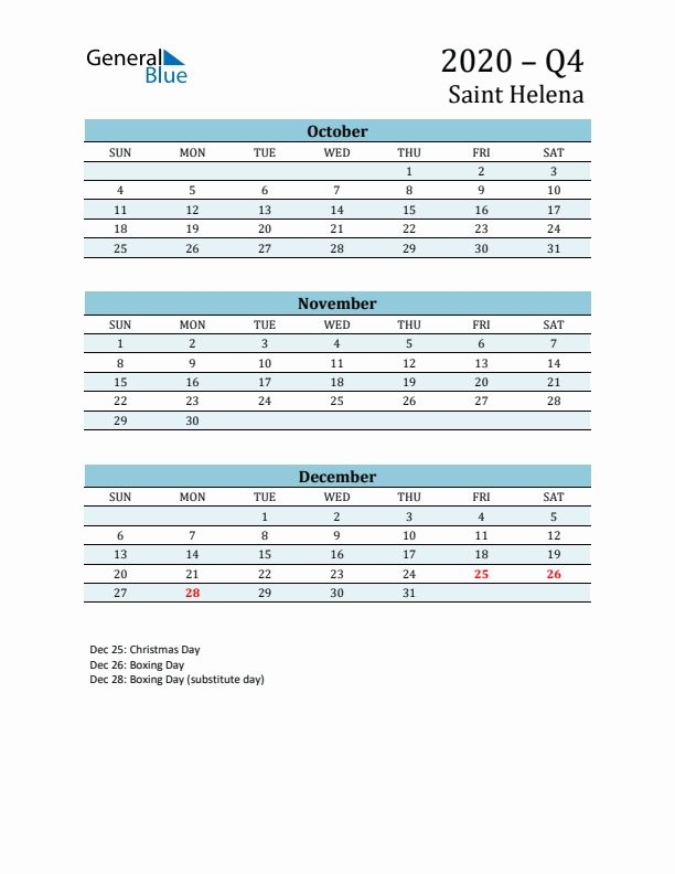 Three-Month Planner for Q4 2020 with Holidays - Saint Helena
